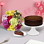 Mixed Flowers Bunch And Chocolate Cake