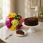 Mixed Flowers Bunch And Chocolate Cake